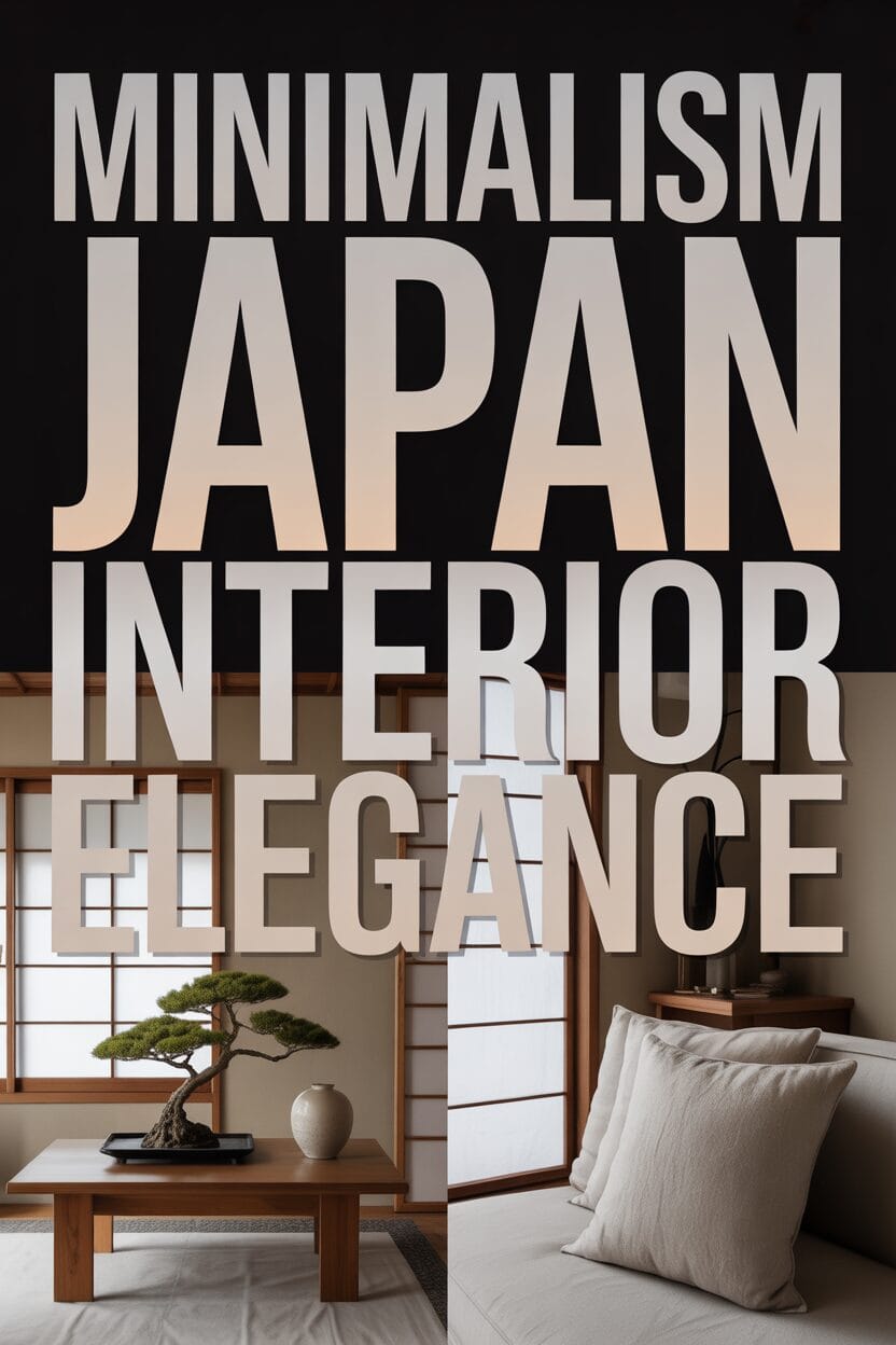 Text reads "Minimalism Japan Interior Elegance" over an image of a minimalist Japanese-style room with a bonsai tree, wooden table, and neutral-toned sofa.