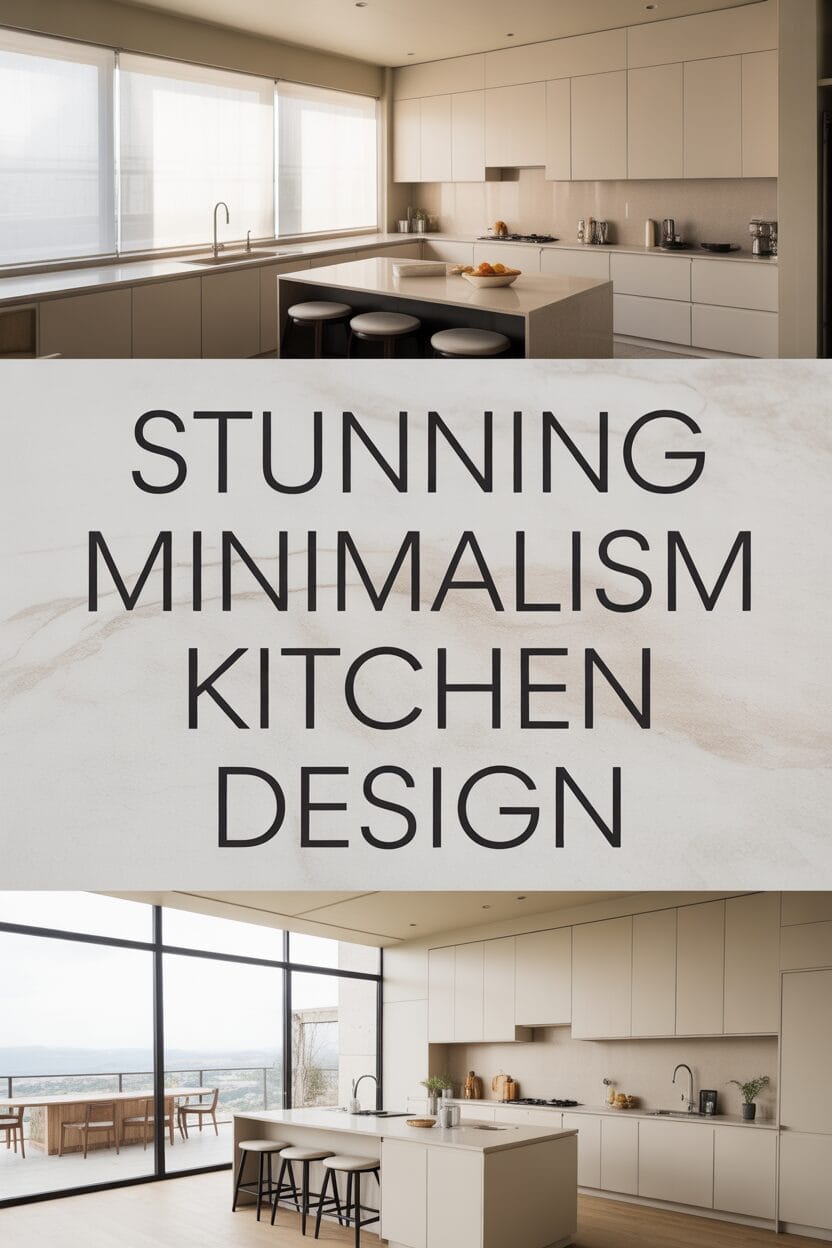 Modern kitchen with minimalist design, neutral tones, sleek cabinets, and a central island with stools; large windows provide ample natural light. Text overlay reads "Stunning Minimalism Kitchen Design.