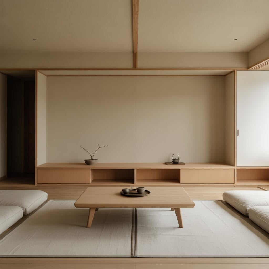 Minimalist Japanese-style room with low wooden table, floor cushions, and built-in shelves, featuring simple decor and natural light.
