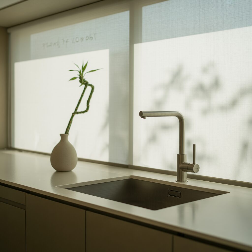 A modern kitchen sink with a stainless steel faucet, next to a white vase holding a single bamboo stalk, set against a sunlit window with sheer blinds.