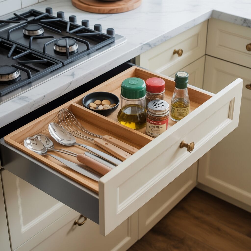 Open kitchen drawer containing utensils, bottles of oil and seasoning, a shaker, and small dish with pills, next to a stovetop and marble countertop.