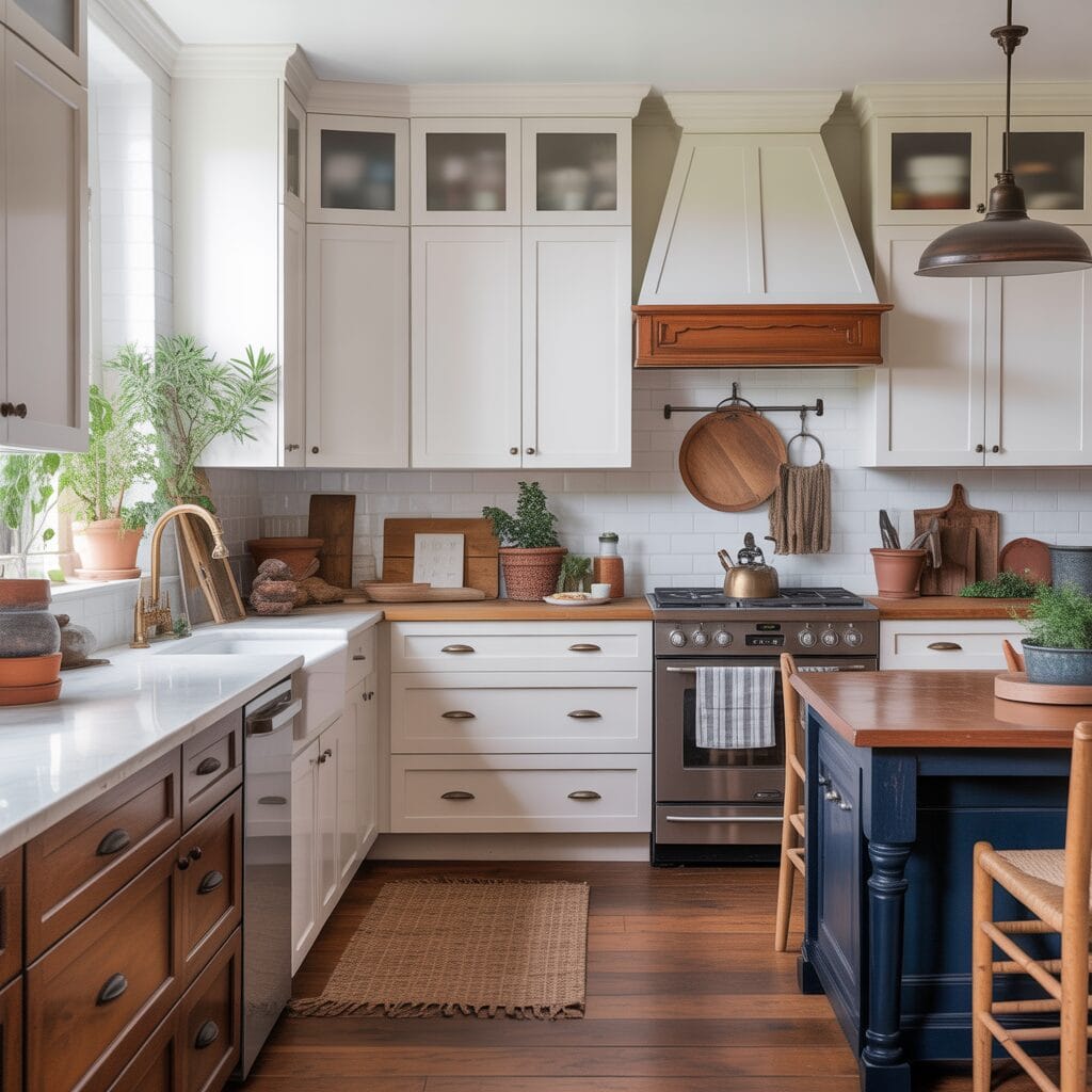 A bright, modern kitchen with white cabinets, a stainless steel stove, wooden accents, plants, and natural light coming through a window above the sink.