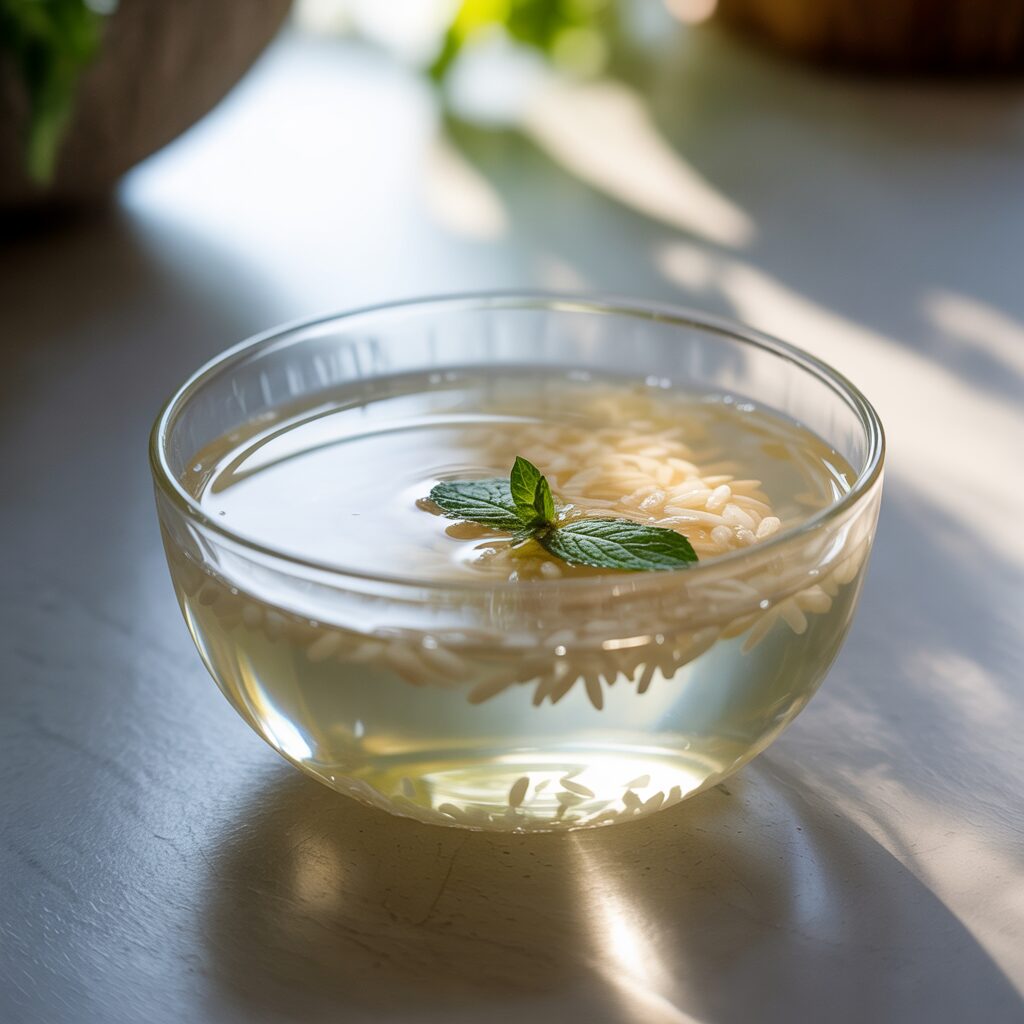 A clear glass bowl filled with water and uncooked rice, garnished with two fresh mint leaves, sits on a light-colored surface in natural sunlight.