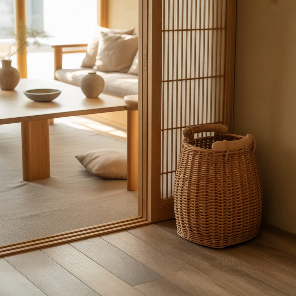 A wicker basket sits on a wooden floor next to a sliding shoji door, with a low table, cushion, and sofa in a sunlit, minimalist room beyond.