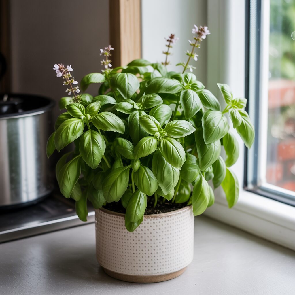 A basil plant with green leaves and small purple flowers sits in a white pot on a windowsill next to a stainless steel appliance.