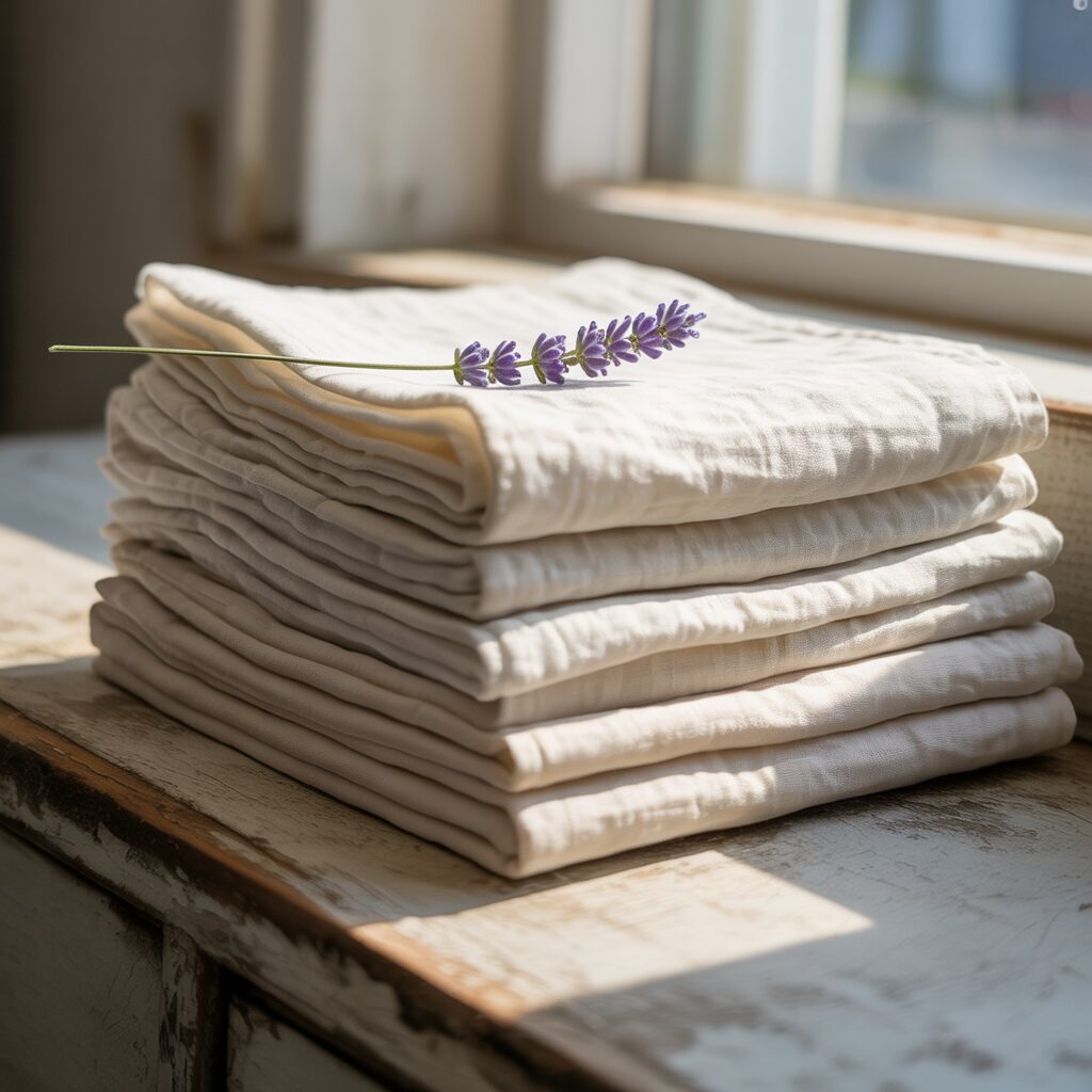 A neat stack of folded beige linens sits on a rustic wooden table by a sunlit window, with a sprig of lavender placed on top.
