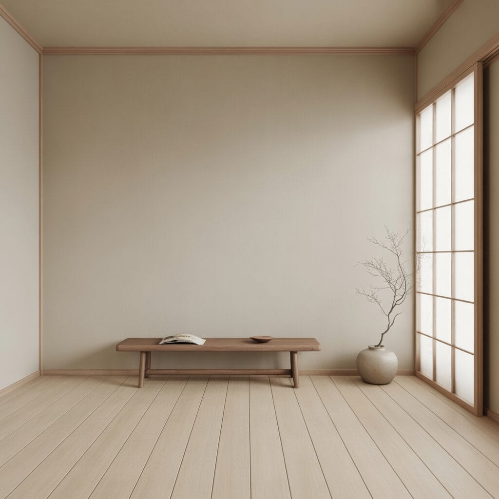 Minimalist room with light wood floors, a low wooden bench holding a book and dish, a potted bare branch, and shoji-style sliding doors letting in natural light.