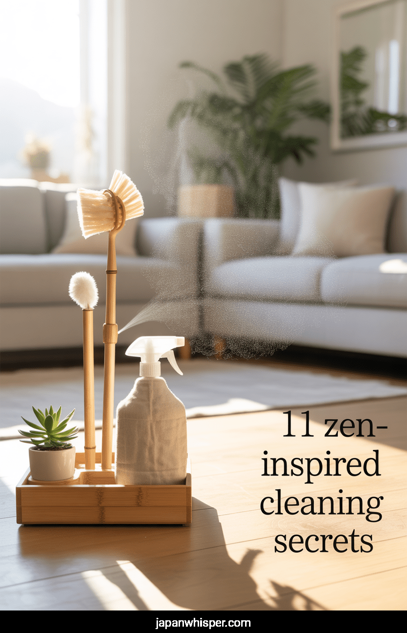 A wooden tray with bamboo cleaning brushes, a spray bottle, and a small plant sits on the floor of a bright, tidy living room. Text reads: "11 zen-inspired cleaning secrets.