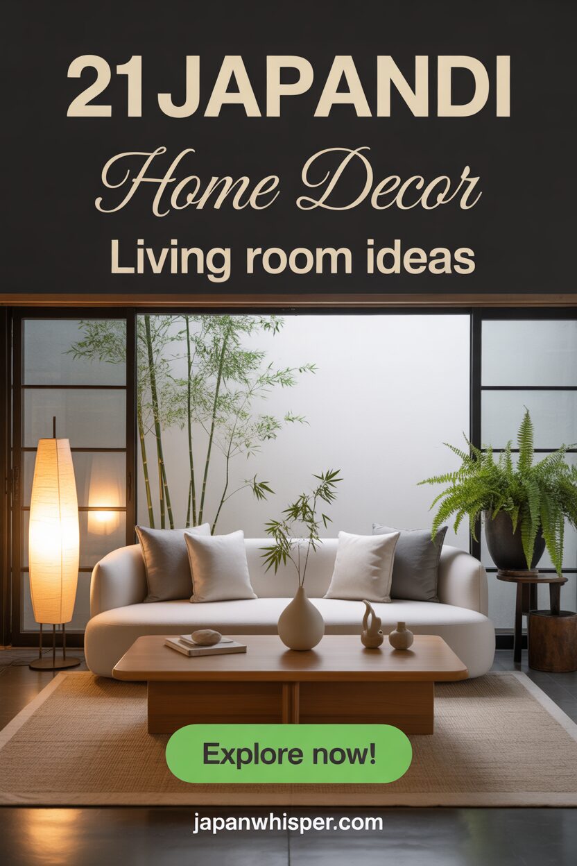 Minimalist living room with neutral tones, a white sofa, indoor plants, soft lighting, and the text "21 Japandi Home Decor Living Room Ideas" above and "Explore now!" button below.