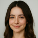 A young woman with long brown hair and light skin smiles gently at the camera against a plain light background.