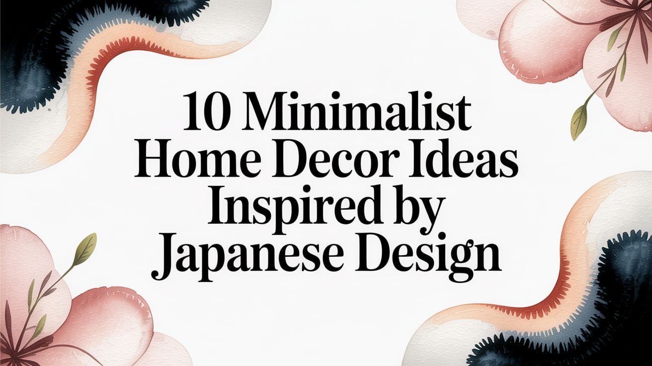 Text reading "10 Minimalist Home Decor Ideas Inspired by Japanese Design" is centered over a floral border with watercolor-style flowers in pastel and neutral tones.