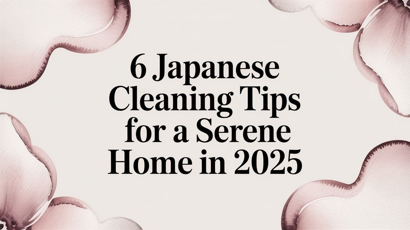 Text reads: "6 Japanese Cleaning Tips for a Serene Home in 2025," with pink watercolor shapes framing the corners on a light background.
