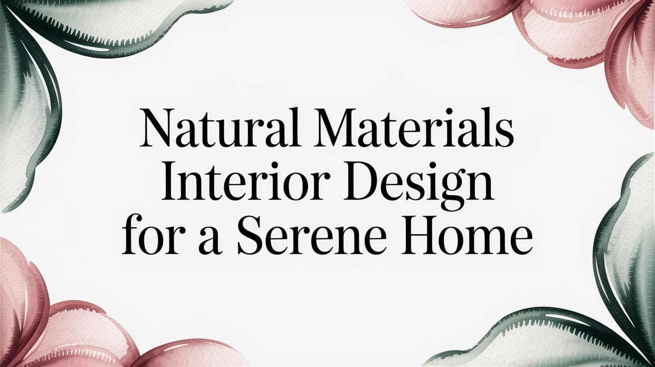 Text "Natural Materials Interior Design for a Serene Home" centered on a white background with green and pink floral watercolor accents in the corners.
