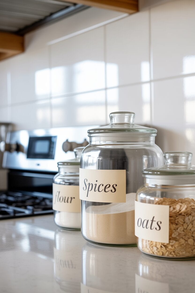 Three glass jars labeled "flour," "spices," and "oats" are arranged on a kitchen counter near a stove.