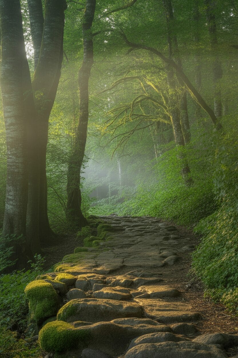 A stone path winds through a dense, green forest with sunlight filtering through tall trees and mist in the background.