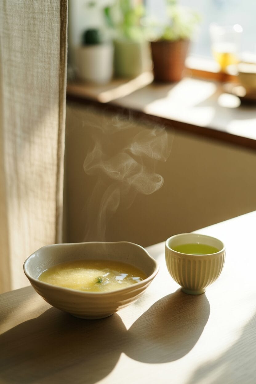 A steaming bowl of soup and a cup of green tea are placed on a sunlit wooden table near a window with potted plants in the background.