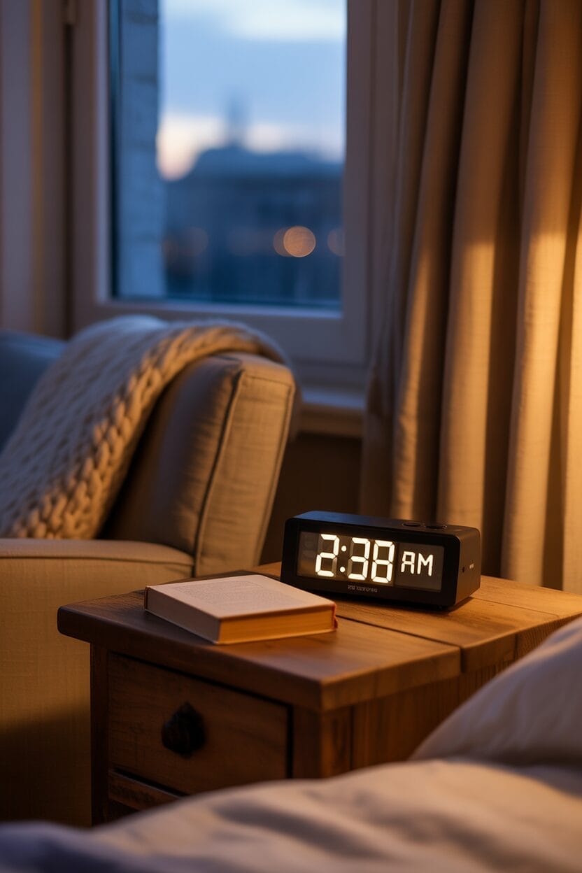 A digital clock displaying 2:38 AM sits on a wooden nightstand next to a closed book, with a chair, blanket, and window visible in the background.