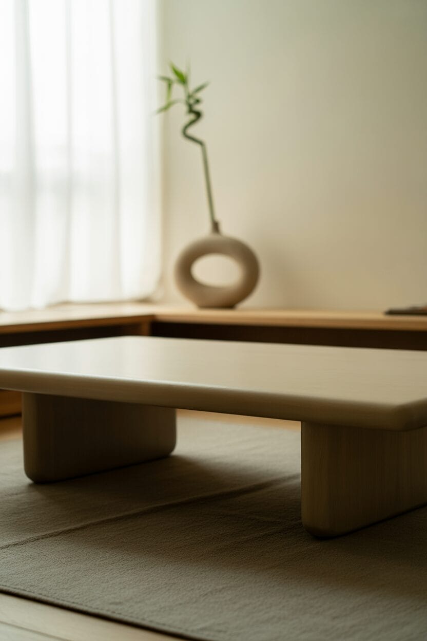 Minimalist room with a low wooden table on a rug, near a window with sheer curtains and a circular vase holding a single curved plant stem in the background.