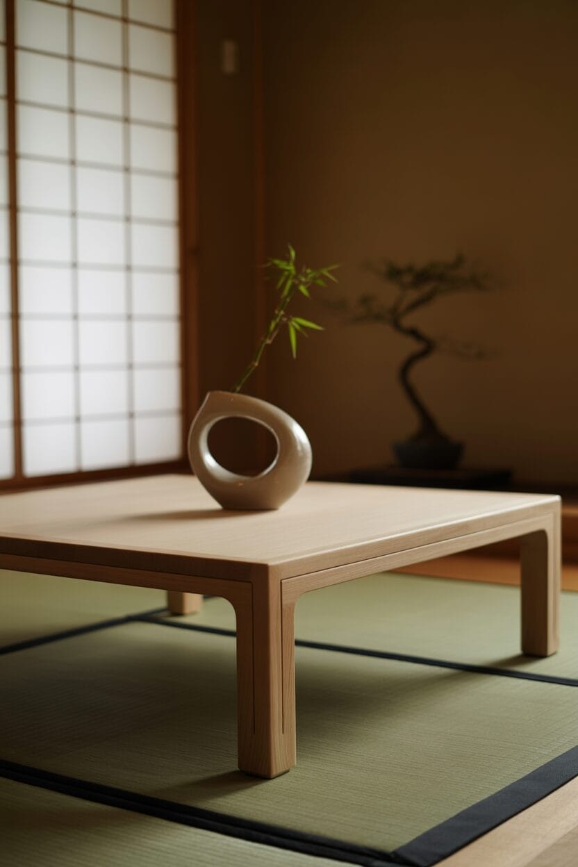 A minimalist Japanese-style room with a low wooden table, a modern vase with bamboo, tatami mats, and a small bonsai tree in the background.