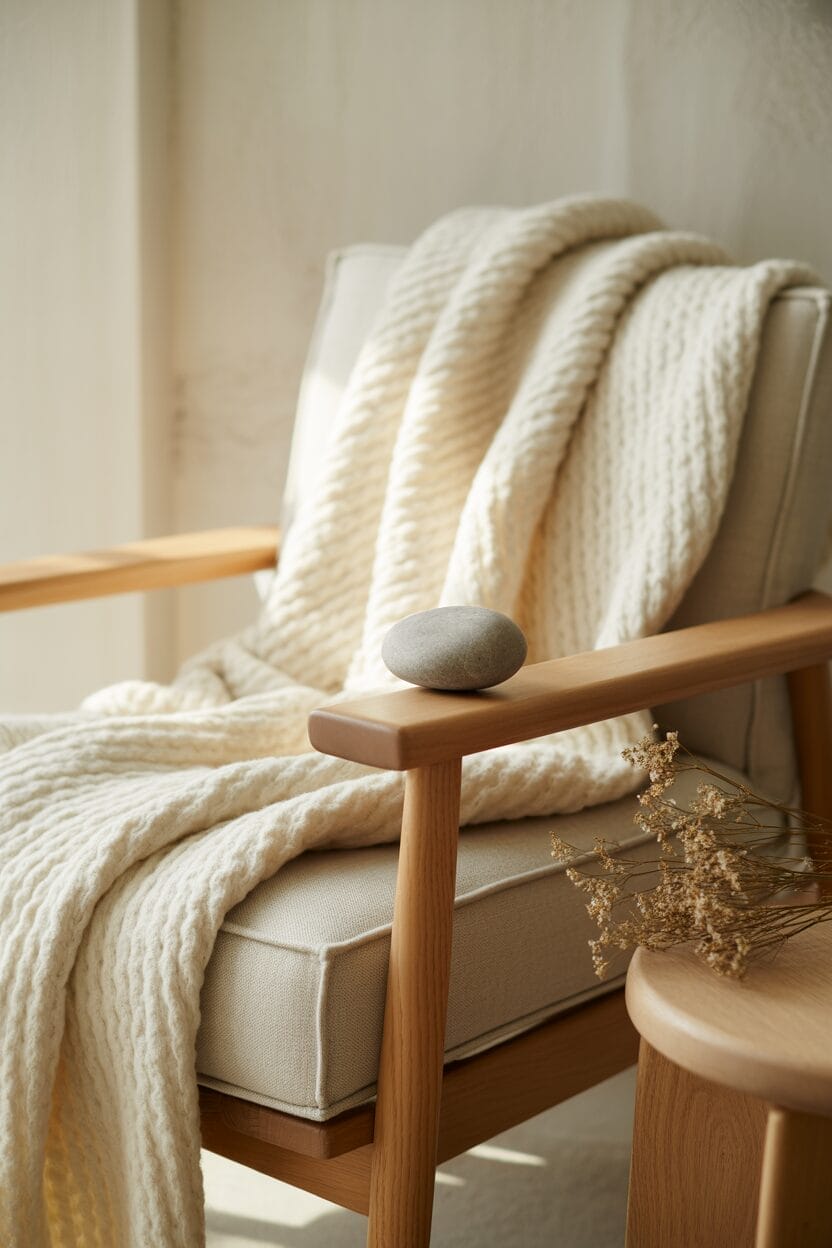 A beige armchair with a chunky knit blanket draped over it, a smooth gray stone on the seat, and dried flowers on a nearby wooden table.