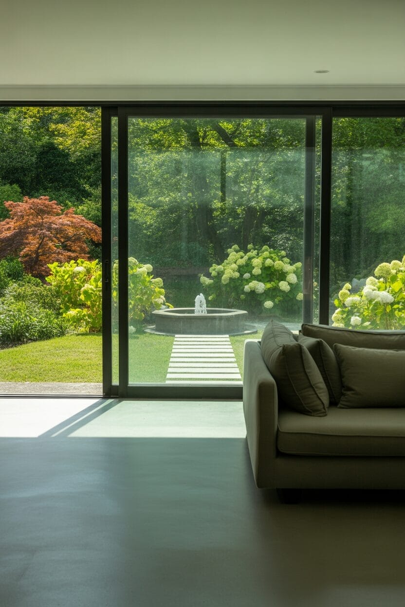 A modern living room with a large glass door overlooks a garden with green shrubs, a red-leaved tree, and a small fountain at the end of a stone path.