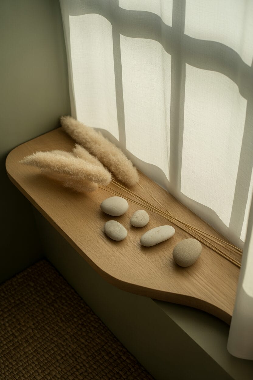 A wooden windowsill displays five smooth stones and dried pampas grass, with soft light filtering through a sheer white curtain.