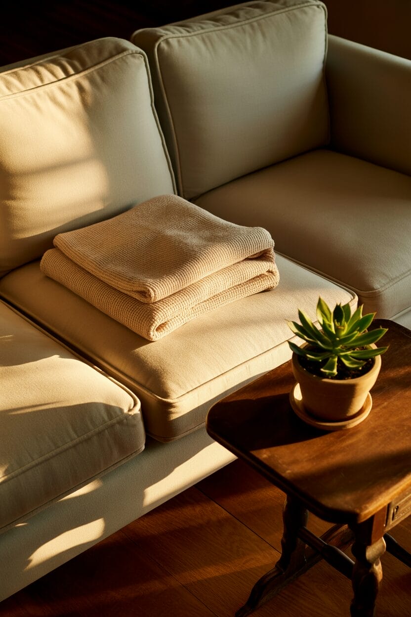 A folded beige blanket sits on a light-colored sofa next to a small wooden table with a potted succulent plant in warm natural light.