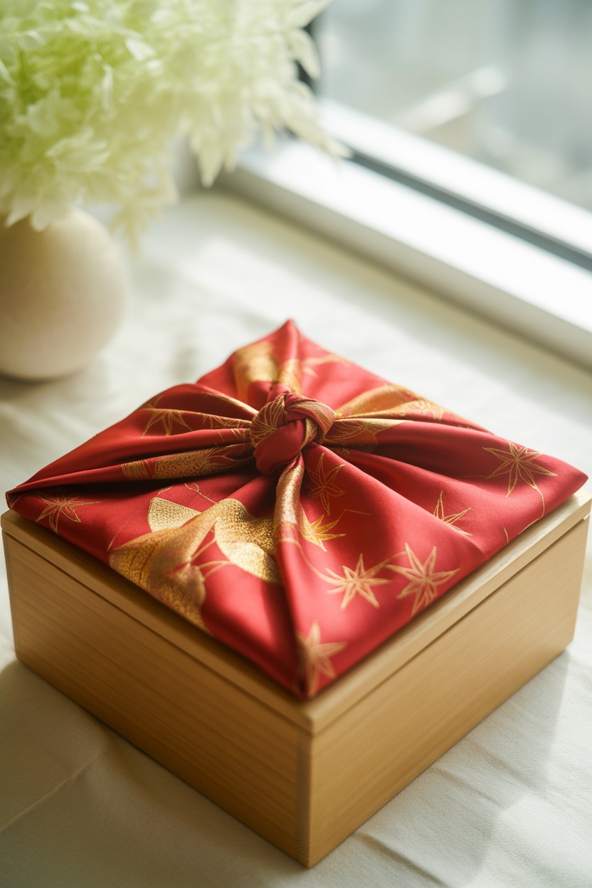 A wooden box wrapped in a red cloth with gold patterns, tied neatly at the top, placed on a white surface near a window.