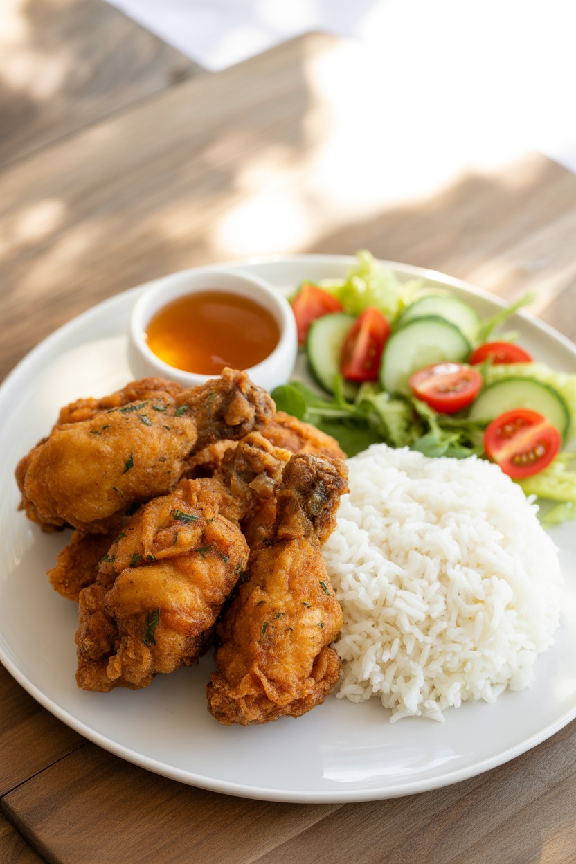 A plate with fried chicken drumsticks, white rice, a side salad of cucumbers and cherry tomatoes, and a small bowl of sauce.