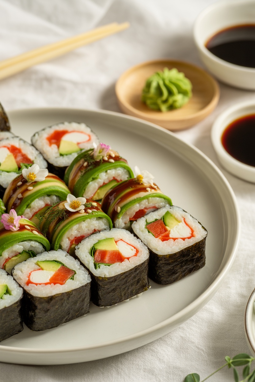 A plate of assorted sushi rolls with cucumber, crab stick, and avocado, garnished with flowers. Soy sauce and wasabi are in small dishes in the background.