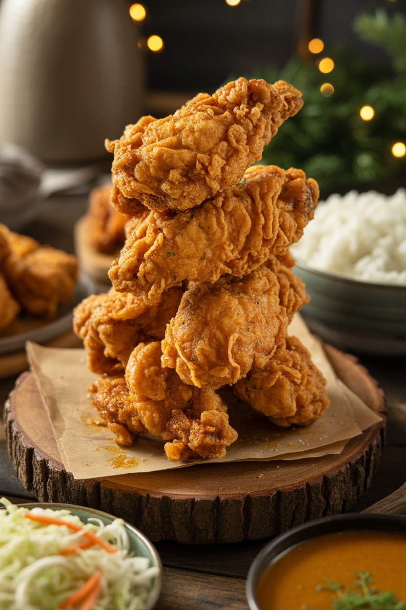 A stack of crispy fried chicken pieces on parchment paper, with bowls of rice, coleslaw, and dipping sauce in the background.