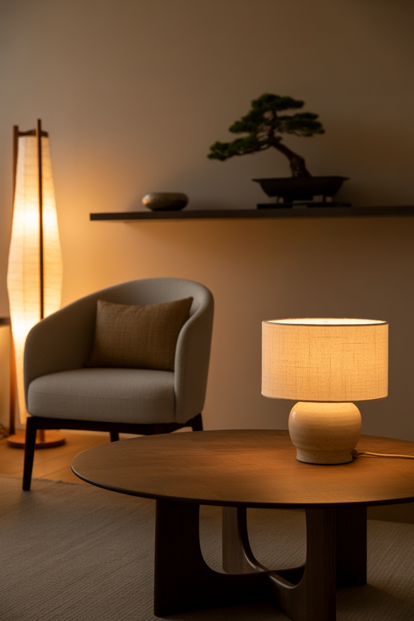 A modern living room with a beige armchair, round wooden coffee table, table lamp, floor lamp, and a bonsai plant on a wall shelf.
