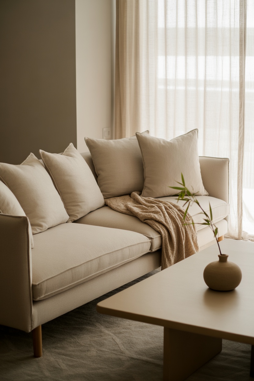 A beige sofa with four cushions and a tan blanket is next to sheer curtains. A small vase with a single branch sits on a light wood coffee table in front.
