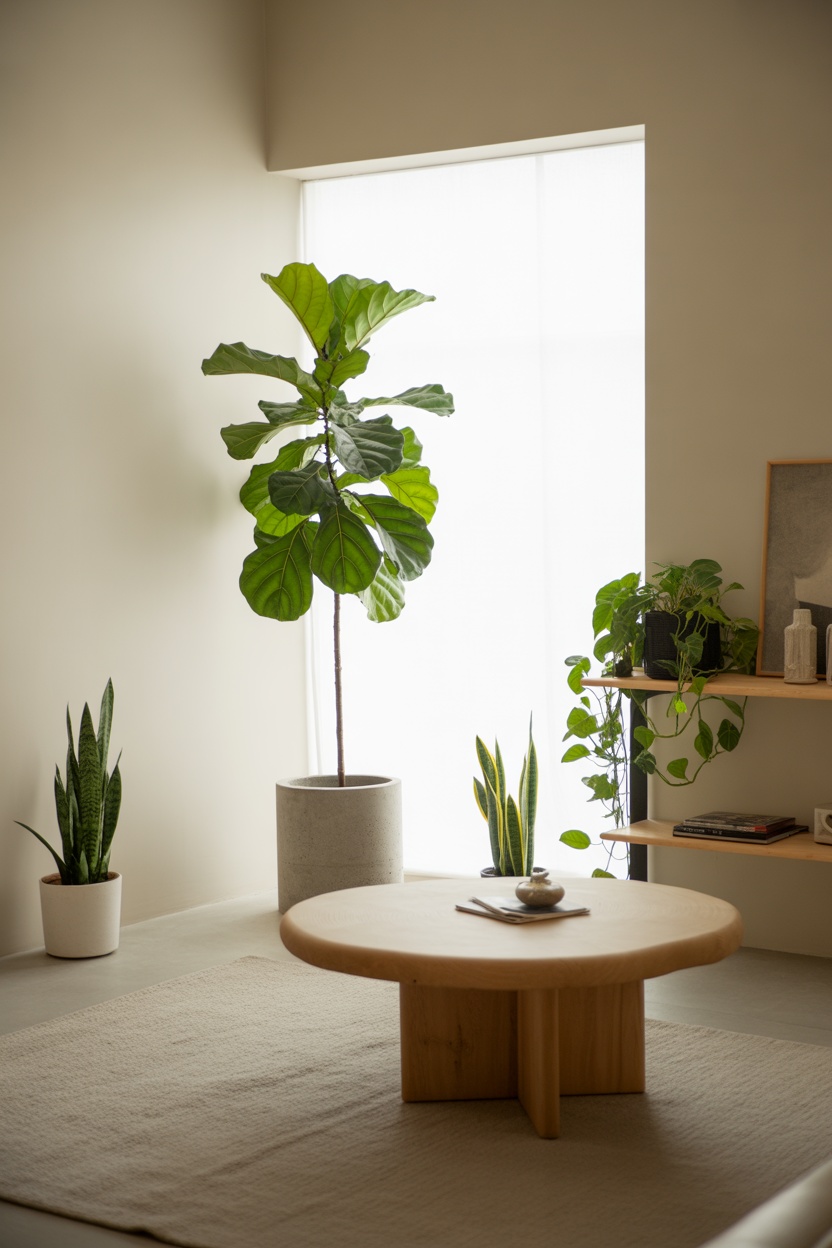 A minimalist living room with a round wooden coffee table, indoor plants in pots, a beige rug, and a bright window in the background.