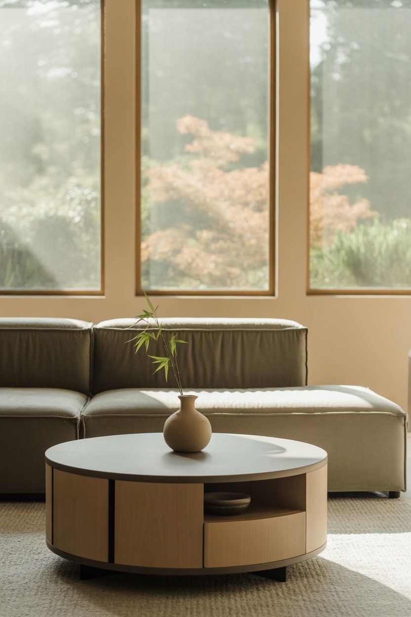 A modern living room with a round wooden coffee table holding a vase with bamboo, placed in front of a gray sofa and large sunlit windows.