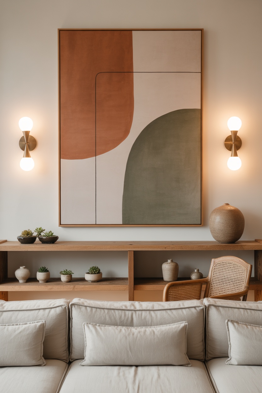 Modern living room with a large abstract painting, two wall sconces, a wooden shelf displaying pottery and succulents, and a light-colored sofa in the foreground.