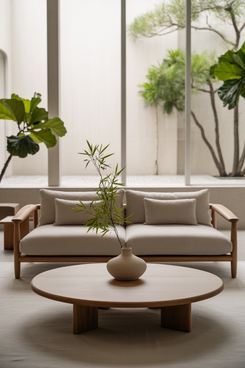 A minimalist living room with a beige sofa, a round wooden coffee table holding a vase with green branches, and large windows showcasing potted greenery outside.