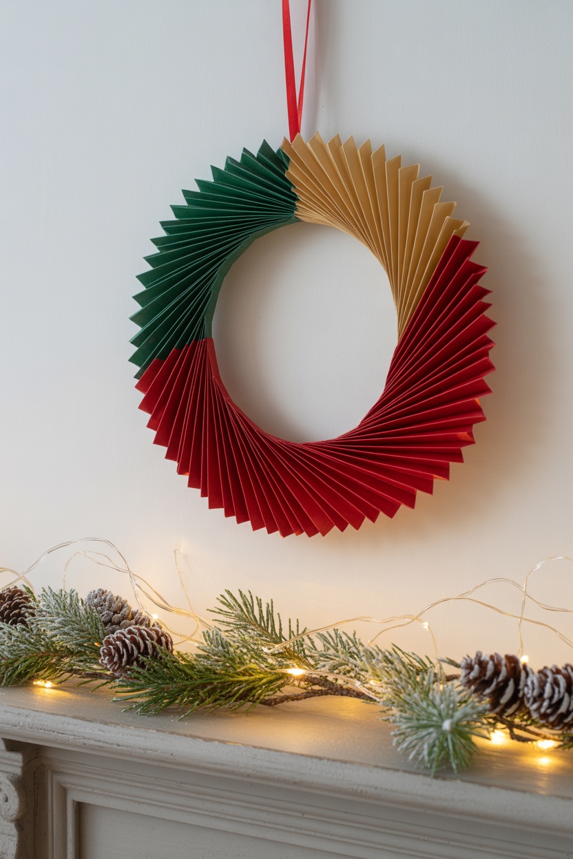 A paper wreath with green, gold, and red sections hangs on a wall above a mantel decorated with pine branches, pinecones, and string lights.