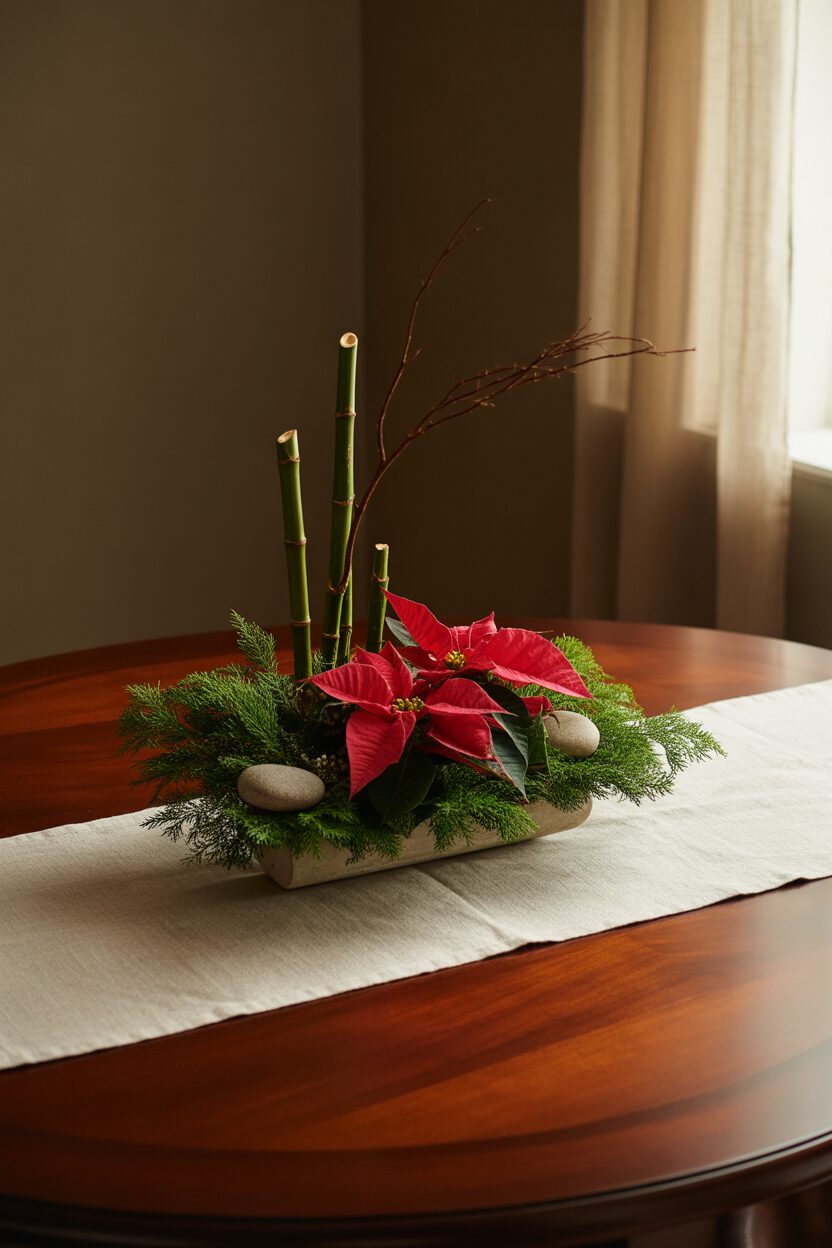 A white ceramic vase with white lilies sits on a round wooden table near a window with greenery visible outside.