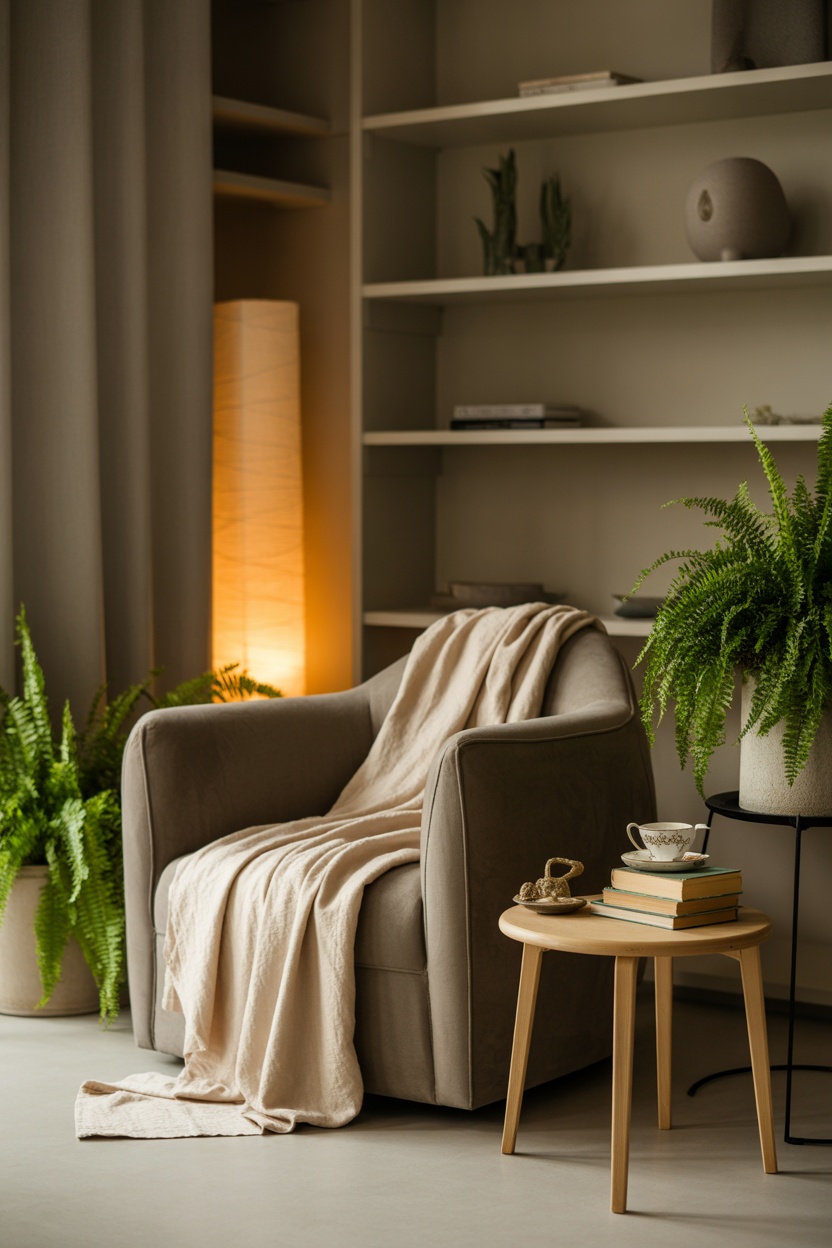 A beige armchair with a blanket sits beside a wooden table with books, tea, and glasses; potted ferns and shelves with decor complete the cozy setting.