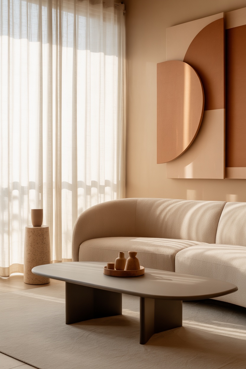 A modern living room with a curved white sofa, abstract wall art, a minimalist coffee table, and neutral tones throughout. Light filters through sheer curtains.