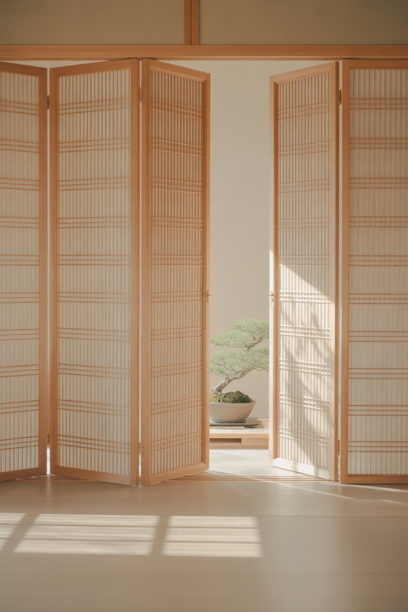 A room divider with a bonsai plant.
