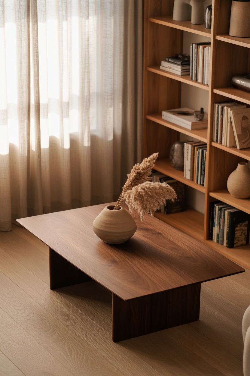 A wooden coffee table with a ceramic vase holding dried pampas grass is placed in a sunlit room next to a bookshelf filled with books and decorative items.