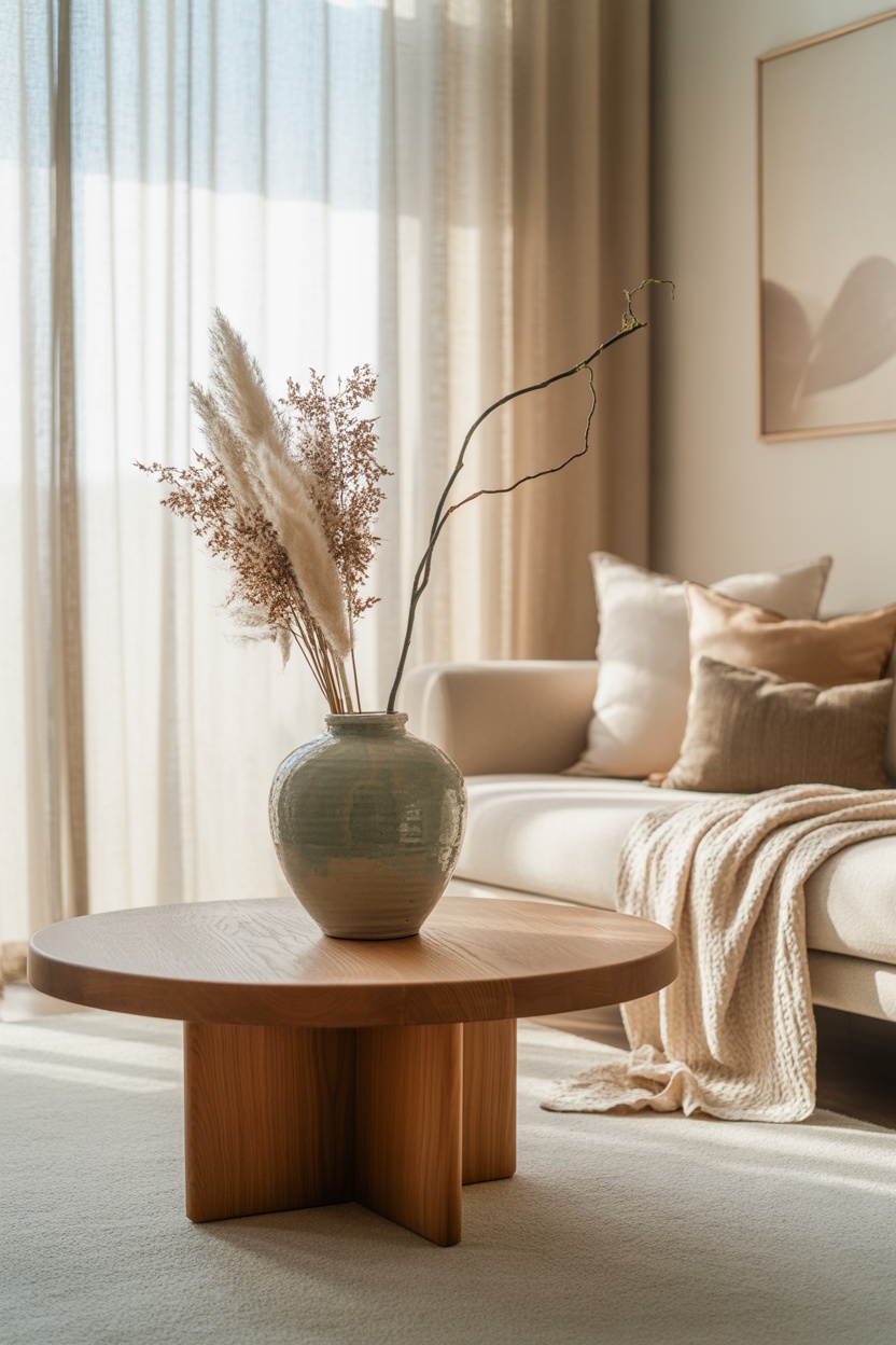 A ceramic vase with dried plants sits on a wooden coffee table in a bright, minimalist living room with a beige sofa and neutral decor.