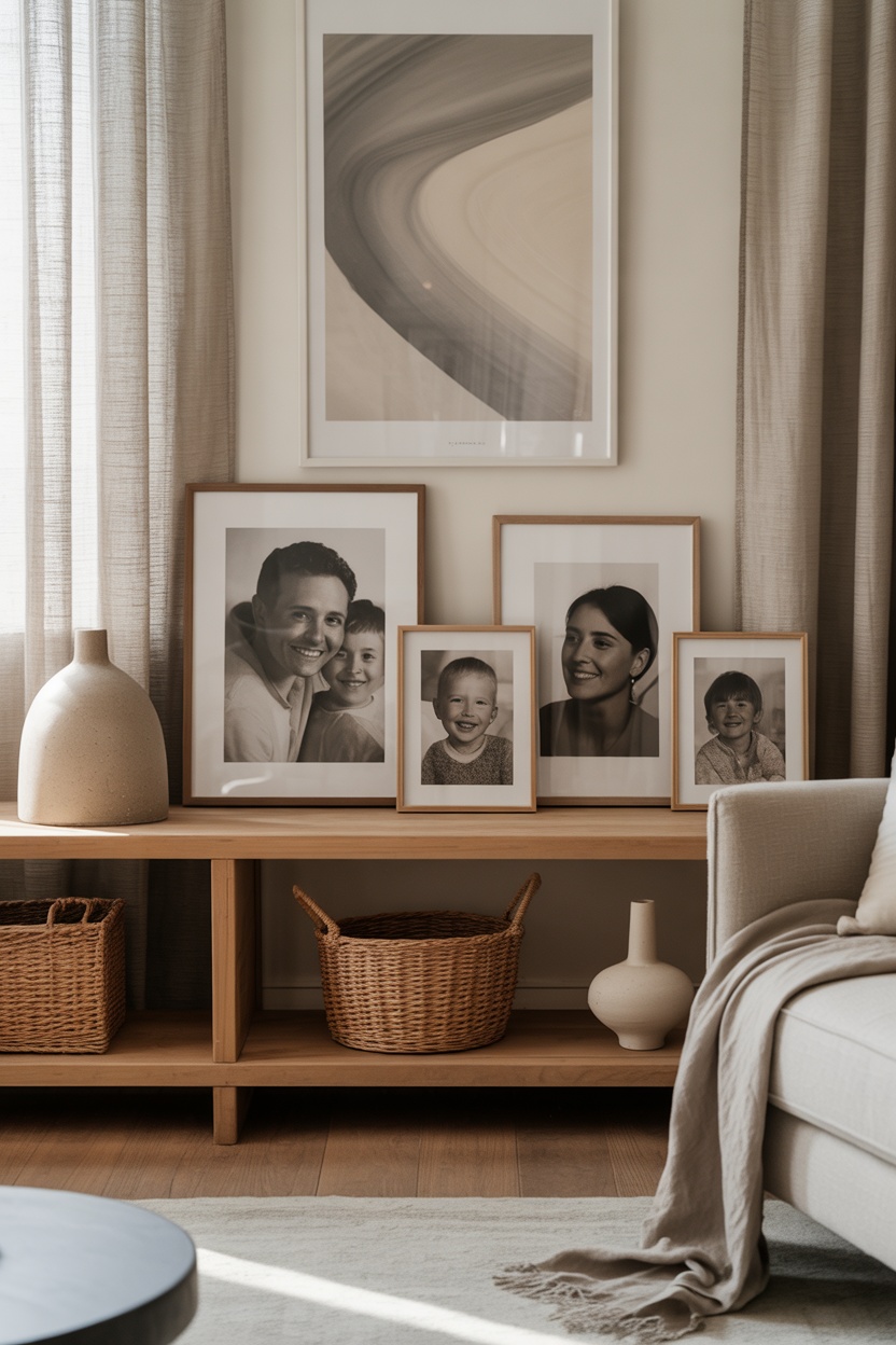 A wooden console table with framed black-and-white family photos, two woven baskets, and neutral decorative vases in a sunlit living room.