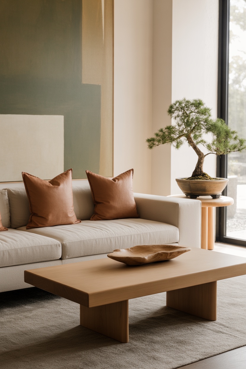 A couch with pillows in a room with a bonsai tree.