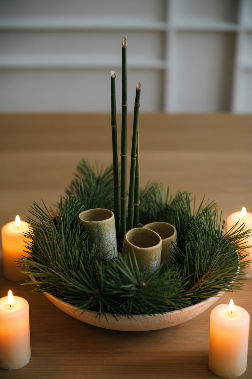 A bowl with green bamboo stalks, pine branches, and three bamboo cups, surrounded by four lit candles on a wooden surface.