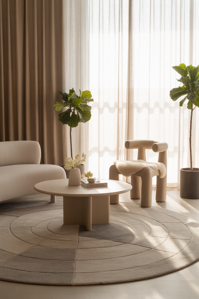 Modern living room with a beige sofa, sculptural armchair, round coffee table, patterned rug, and two potted plants near sheer curtains filtering sunlight.