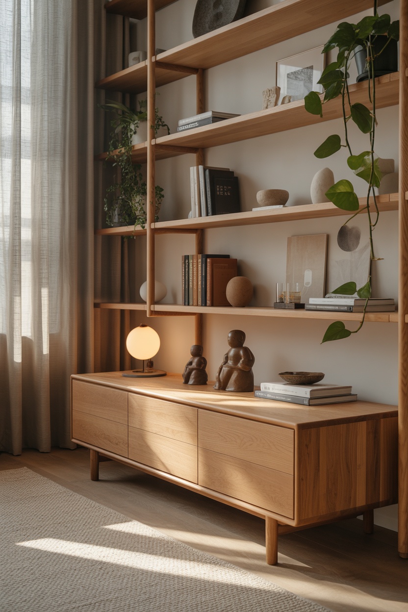 A wooden sideboard sits below open shelves with books, plants, and decorative objects in a sunlit, modern living room.