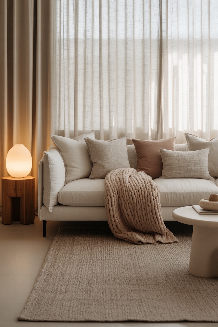 A modern living room with a white sofa, beige pillows, a chunky knit throw, a round coffee table, a textured rug, and a lit lamp on a wooden side table by sheer curtains.